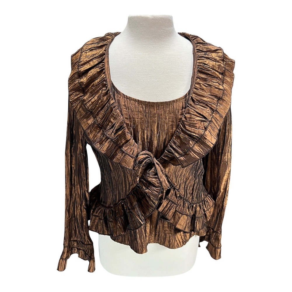 Ell Jay Chocolate Brown Metallic Crinkle Ruffle Top Jacket Set VTG Y2K Sz 14 MOB